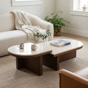 MidCentury Set of 2 Coffee <b>Table</b> with Stone <b>top</b> and Solid <b>Wood</b> base <b>for</b> Living room Hotels bar restaurants and villa - Product Image 1