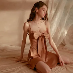 Trung Quốc bán buôn Hot nighties Phụ nữ sexy Ngủ LụA Satin Bow Knot Áo ngực trượt đêm DRESS gr1478