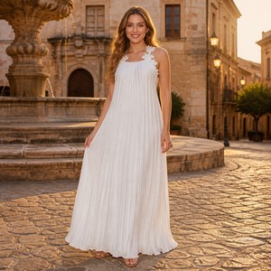 Elegante Abito Lungo Plissettato da Donna con Applicazioni Floreali, Senza Maniche, in Chiffon, <span class=keywords><strong>per</strong></span> Serate e Matrimoni - Product Image 6