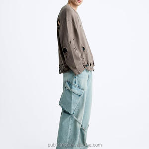 Personnalisé 400 Gsm Oversize Drop Shoulder Hommes Hoodies Déchiré Coton Ras Du Cou Vierge En Détresse Ras Du Cou Sweat - Product Image 5