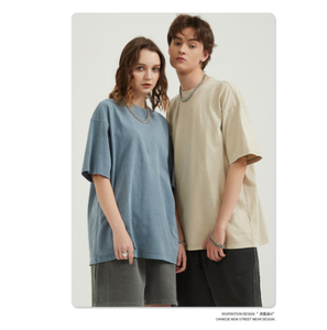 เสื้อยืดคอตตอนย้อมสีพื้นทรงโอเวอร์ไซส์ แขนสั้น คอกลม สีพื้น เสื้อยืดเจอร์ซีย์ถัก ระบายอากาศได้ดี ความยาวปกติ สำหรับผู้ชาย - Product Image 4