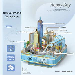 Boîte à musique en bois 3D du Centre Commercial International de New York, puzzle à assembler soi-même, ornement de bureau, cadeau transfrontalier, jouet - Product Image 2