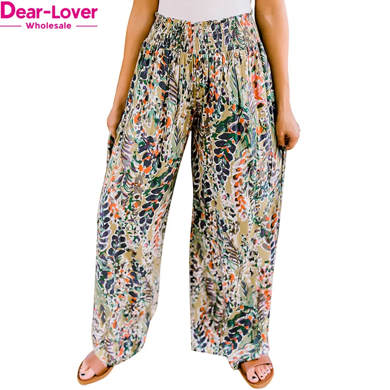 Dear-Lover Odm Custom Logo Private Label Boho Multicolor Floral Print Shirred Wide Leg High Waist Pants For Women