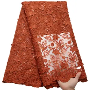 2783 Free Shipping Orange 3d Flower Sequins Design African Tulle Lace Fabric For Dress Sewing