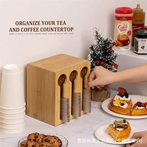 Caja de almacenamiento de cubiertos de bambú, soporte para cucharas desechables con 3 orificios para Hotel, restaurante, té de la tarde, organizador de escritorio ecológico - Product Image 4