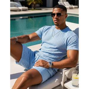 Conjunto de verano personalizado para hombre, 2 piezas, camiseta de algodón tejida transpirable con cuello redondo y pantalones cortos, conjunto deportivo informal a juego. - Product Image 2