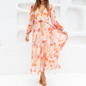 Vestidos Midi Casuales de Manga Larga con Estampado Profundo en V y Cintura Alta para Mujer - Product Image 4