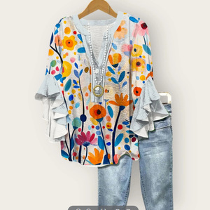 Abbigliamento Femminile, T-Shirt <span class=keywords><strong>con</strong></span> Stampa Floreale Digitale, Casual, Scollo a V, <span class=keywords><strong>con</strong></span> <span class=keywords><strong>Volant</strong></span>, Moda - Product Image 6