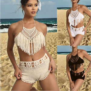 Nouveau Maillot de Bain Bikini Tank en Crochet Fait Main 2025 pour Femme, Couleur Unie, Rayé, Sexy, avec Soutien-Gorge Push-Up et Décorations en Cristal Diamant, Froncé - Product Image 2