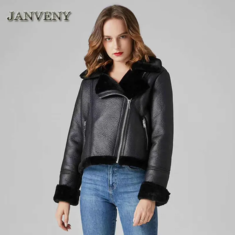 JANVENY 2023 Autumn Winter Fur Faux Leather Cropped Jacket Coat Women Long Sleeve Thick Warm Short Lambswool Parka Streetwear