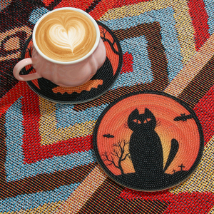 MANTU Dessous de verre perlé à motif araignée et citrouille chat noir fait à la main Dessous de verre décoratif festif Article de spécialité de magasin - Product Image 2