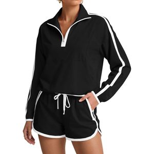 Ensemble de survêtement 2 pièces pour femmes, haut à manches longues à col en V zippé, short décontracté respirant, tenue de printemps - Product Image 1