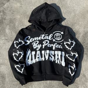 Sweat à capuche surdimensionné imprimé de haute qualité 420 Gsm, streetwear, en molleton français, avec fermeture éclair et strass - Product Image 1