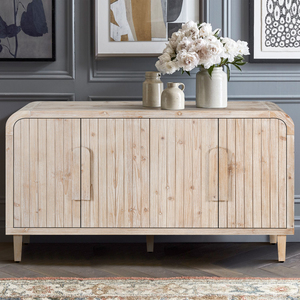 Farmhouse Curved Storage Sideboard 59 Inch Vertical Wood Grain Carving Adjustable <b>Shelves</b> <b>Kitchen</b> Living Room Cabinet - Product Image 2