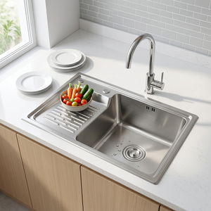 Évier à linge moderne personnalisable en acier inoxydable Leimanxi, épaisseur 0,75 mm, avec un seul bac et un plan de travail gauche, modèles 7545 et 6845 - Product Image 1