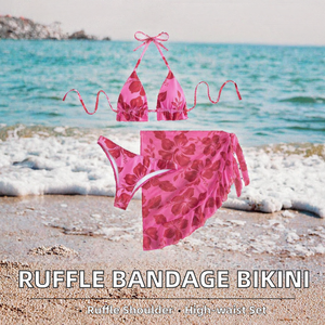 Conjunto de Bikini de 3 Piezas con Estampado Floral y Volantes, Traje de Baño Triangular con Cubierta para la Playa - Product Image 2