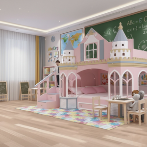 Роскошная розовая кровать-замок для девочек, двухъярусная кровать, комплект мебели для детской комнаты, на заказ, с большим шкафом-гардеробом и горкой - Product Image 3