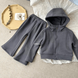 Tongxingyuan Girls' Hooded Zipper Sweatshirt Set Thickening Cotton Solid Color Two-Piece Outfit Autumn Winter Kids Clothing - Product Image 4