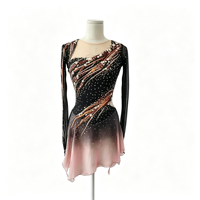 Robe de patinage artistique dégradé noir et rose, manches longues, dos ouvert, strass, pour adultes et enfants