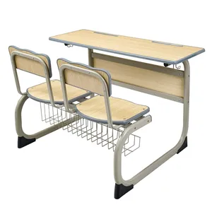 Adjustable School Furniture Used Wood Metal Material 2 Seat Desk Chair For Trade