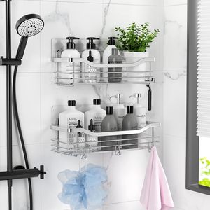 Baño Montado en la <span class=keywords><strong>pared</strong></span> de acero inoxidable <span class=keywords><strong>Sin</strong></span> perforación Paquete de 2 Estante adhesivo colgante para ducha Caddy - Product Image 4