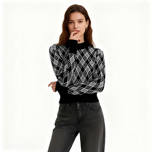 Maglione Casual da Donna a Maniche Lunghe con Collo Rotondo, Motivo Argyle <span class=keywords><strong>Bianco</strong></span> e Nero all'Uncinetto - Product Image 1