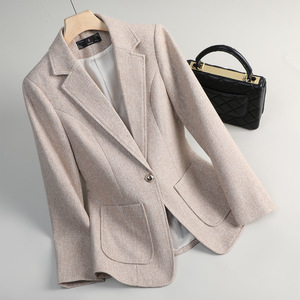 Women's Woolen Blazer Coffee Color Solid Pocket Autumn Winter Casual Suit Jacket S Size - Product Image 3