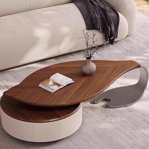<span class=keywords><strong>Table</strong></span> <span class=keywords><strong>basse</strong></span> ovale moderne avec tiroirs de rangement, design <span class=keywords><strong>en</strong></span> forme de feuille, plateau <span class=keywords><strong>en</strong></span> bois, pieds <span class=keywords><strong>en</strong></span> acier inoxydable pour salon et appartement - Product Image 2