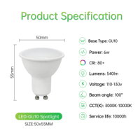100 °   Foco LED GU10 con ángulo de haz de 6W 540lm 3000K-10000K 110-130V LI-DOB para museo, galería, comercio y hogar