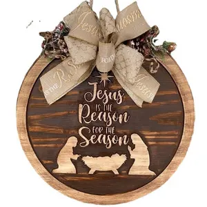 Xmas Houten Teken Kerst Teken Kerst Voordeur Decor Jezus Is De Reden Voor Het Seizoen Kerstkrans Deur Decor hanger