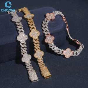 Wholesale 8MM Width <b>Iced</b> <b>Out</b> Party Jewelry Women's Moissanite Bracelet Flower Shape 18K Gold Plated <b>Chain</b> Link Luxury Jewelry - Product Image 2