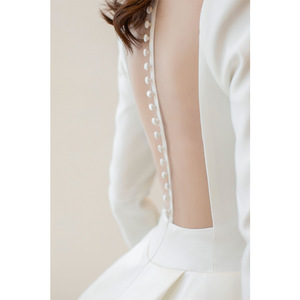 Long Sleeve Square Neck Satin A-Line Backless Wedding Dress Floor Length Train Hepburn Style - Product Image 3