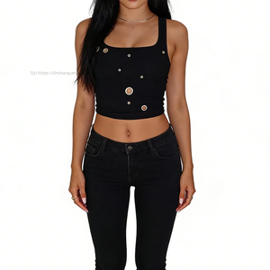 Women's Square Neck Sleeveless Crop Top - <b>Metal</b> Ring Embellished Ribbed Slim Fit Top Vest Fashion - Product Image 3