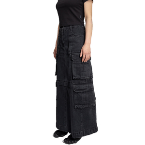 Y2K Revival Custom <span class=keywords><strong>Falda</strong></span> de mezclilla <span class=keywords><strong>negra</strong></span> extra larga para mujer-Estilo punk grunge con detalles desgastados y bolsillos utilitarios - Product Image 6