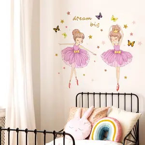 Beautiful little girl dancing ballet Wall Sticker Butterflies golden stars Decals Living Room Decorative Wallpaper
