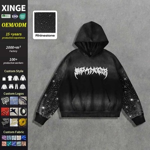 Sudadera con Capucha de Hombre Estilo Streetwear de Calidad, Superventas 2025, con Lavado Ácido Personalizado, Efecto Desgastado por el Sol, Oversize, Estampado de Pedrería en Toda la Superficie, Corte Boxy y Corto - Product Image 1