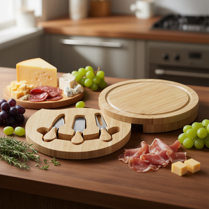 Tabla para cortar queso, juego de 4 piezas con 3 piezas de cubiertos, bandeja redonda de bambú para servir queso y charcutería - Product Image 3