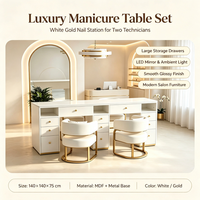 Table de manucure double poste avec aspirateur intégré, bureau à ongles LED avec 2 chaises, plateau en marbre blanc, table de manucure de luxe pour salon