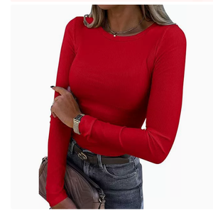 T-<span class=keywords><strong>shirt</strong></span> d'été décontracté pour <span class=keywords><strong>femme</strong></span> 2026 à manches longues, <span class=keywords><strong>col</strong></span> <span class=keywords><strong>rond</strong></span>, en maille côtelée extensible, polyester/nylon, coupe ajustée, couleur unie, doux - Product Image 5