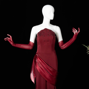 Robe de soirée sirène en satin bordeaux de luxe Jancember LSZ608 avec surjupe - Product Image 5
