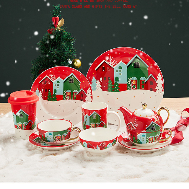 Christmas Porcelain Set Ceramic Bowl Plate Soup Rice Gold Edge Village Snowflake Winter Tableware Delicate Bright