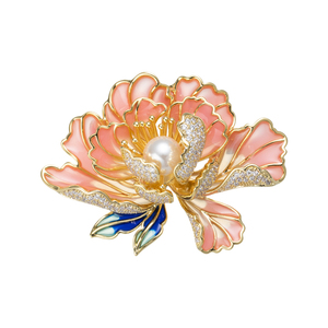 Broche de Flor de Peonía de Lujo al por Mayor, Chapado en Oro Real, de Alta Calidad, con Esmalte y Perlas Simuladas de Cristal CZ - Product Image 5