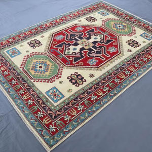 Alfombra de Lana Anudada a Mano con Diseño Afgano Tradicional Beige, con Motivo Vegetal, para Decoración de Salas de Estar Juveniles y Pasillos - Product Image 1