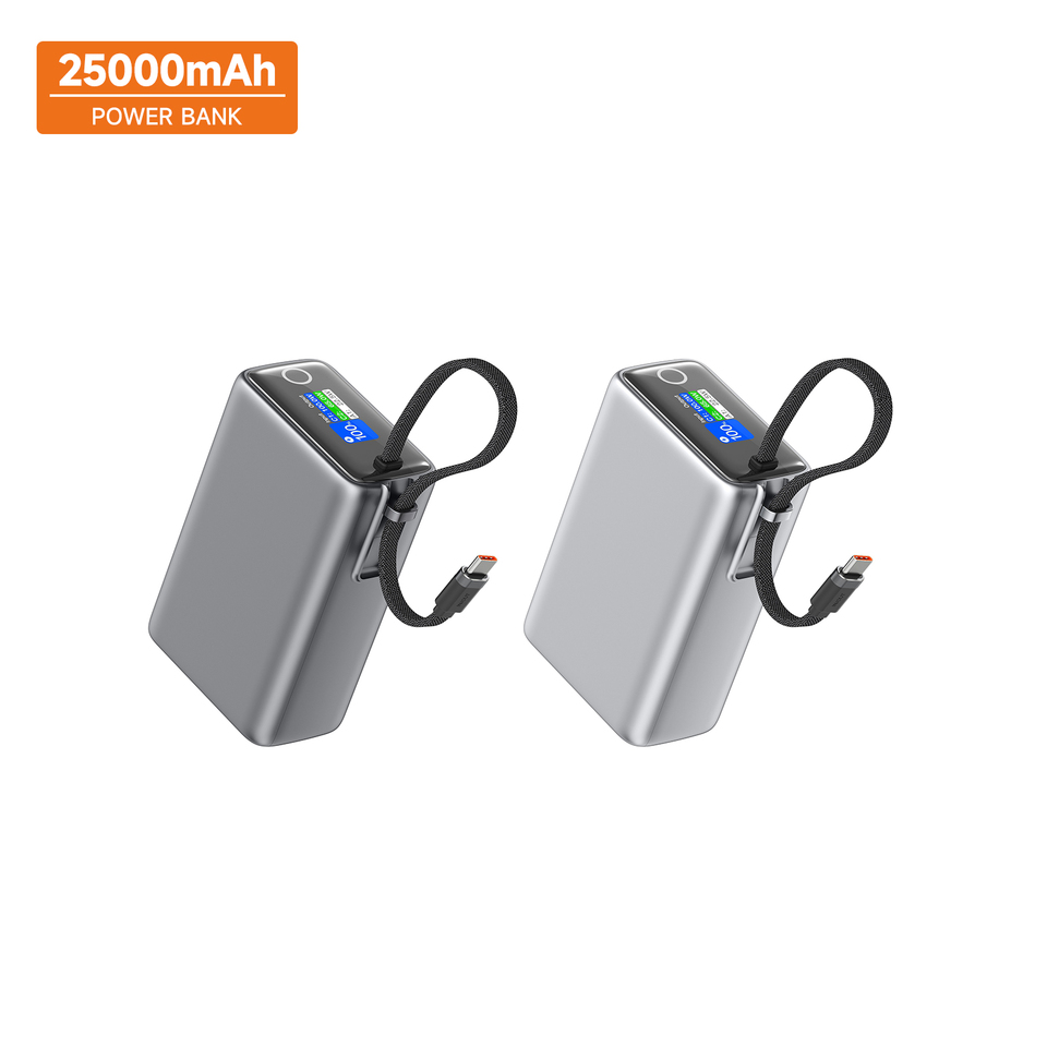 New 25000mah Power Bank Pd100w Fast Charging Built-in Cable External Large Battery Portable Charger For Iphone Samsung Laptop