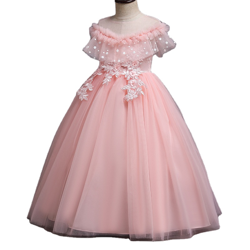 Embroidery Flower Baby Girl Dress with Lovely Flowers and Pearls Flower Girl Dress