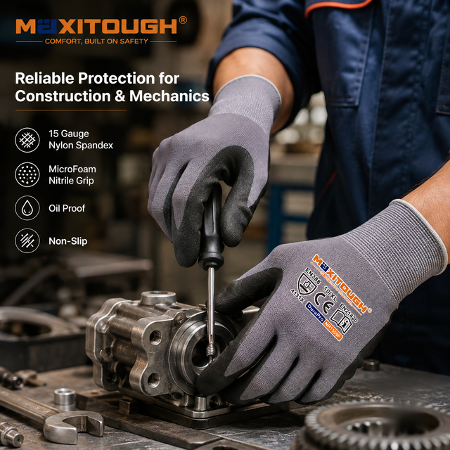 MaxiTough 15 Gauge Nylon Spandex Micro Foam Nitrile Coated Non-Slip Grip EN388 Certified Safety Work Gloves for Construction