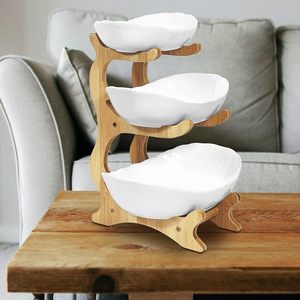 Bandeja de cerámica de 3 niveles para frutas con soporte de bambú para almacenamiento y exhibición en la encimera de la cocina - Product Image 2