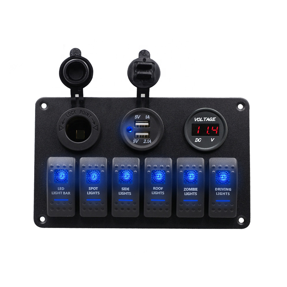 Amomd 12V DC Cabin Cruiser Motorboat Panel Rocker Switch Panel 6 Gang Dual USB Car Voltmeter Power Socket Vehicle Reftting