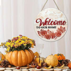Wooden Welcome Sign Round Doorplate Thanksgiving Home <b>Decor</b> Hanging Item <b>White</b> Circular <b>Pumpkin</b> Theme - Product Image 1