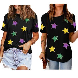 T-shirt <span class=keywords><strong>noir</strong></span> personnalisé à paillettes brillantes avec étoiles pour le Mardi Gras, T-shirt à étoiles en sequins appliquées, T-shirt à sequins - Product Image 1